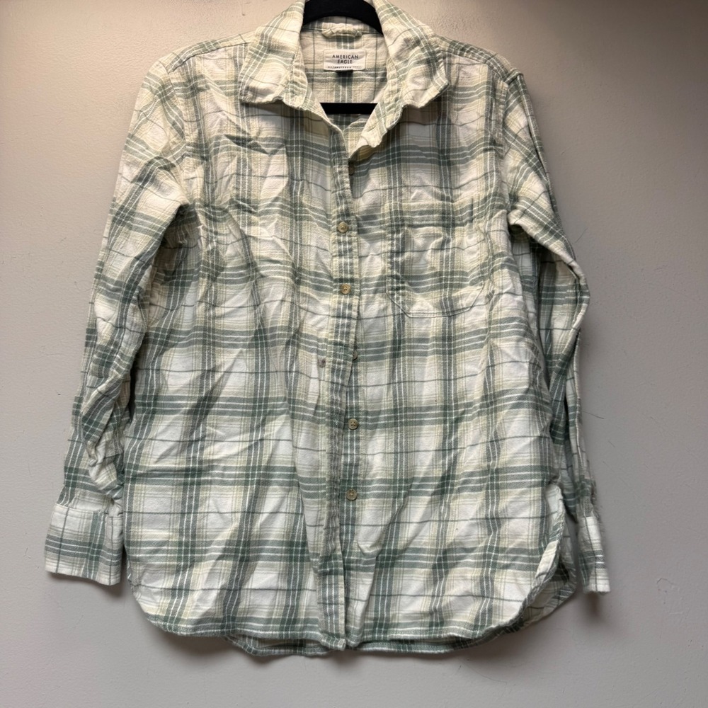 American Eagle Plaid Shirt Women XS Green Cotton Button Down Long Sleeve 15616